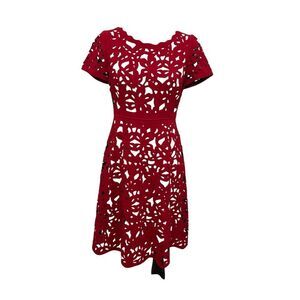 Moulinette Soeurs Women's Laser Cutout Floral Fit and Flare Midi Dress Red Sz 2